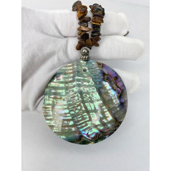 Vintage Abalone Medallion Disc Necklace Tigers Eye chips polished stones Brown - Picture 3 of 12
